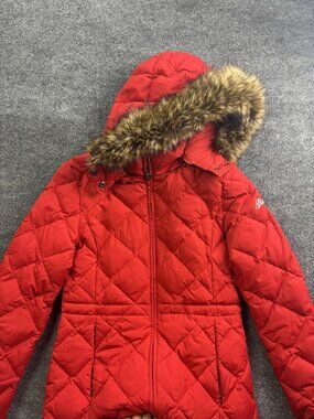 Guess Jacket Womens Medium Red Quilted Down Puffer Hood Faux Fur Zip Pockets